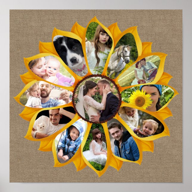 Family Photo Collage Sunflower Burlap 13 Pics Easy Poster (Front)