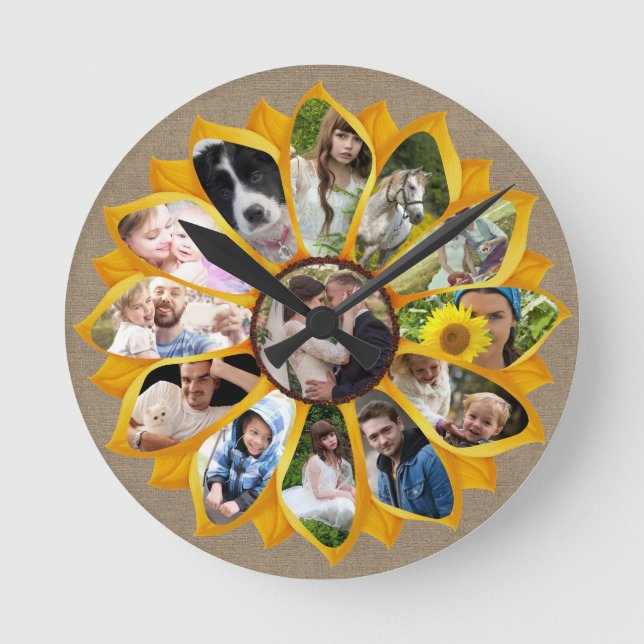 Family Photo Collage Sunflower Burlap 13 Pics Easy Round Clock (Front)