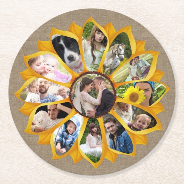 Family Photo Collage Sunflower Burlap 13 Pics Easy Round Paper Coaster (Front)