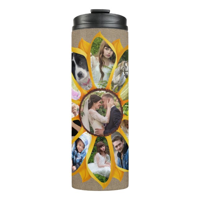 Family Photo Collage Sunflower Burlap 13 Pics Easy Thermal Tumbler (Front)