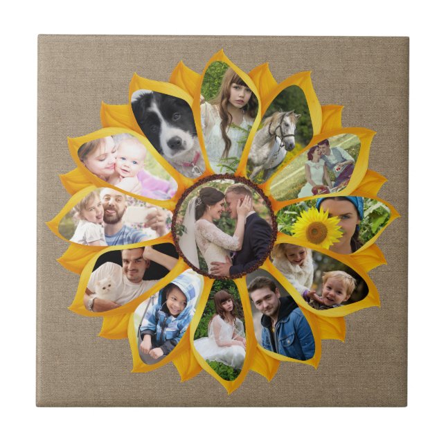 Family Photo Collage Sunflower Burlap 13 Pics Easy Tile (Front)