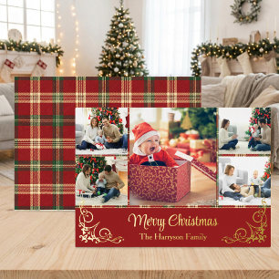 Family Photo Collage Tartan Gold Foil Christmas Holiday Card