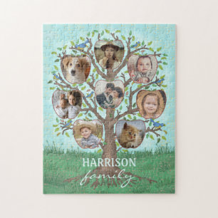Family Photo Collage Tree 8 Pictures + Name Easy Jigsaw Puzzle