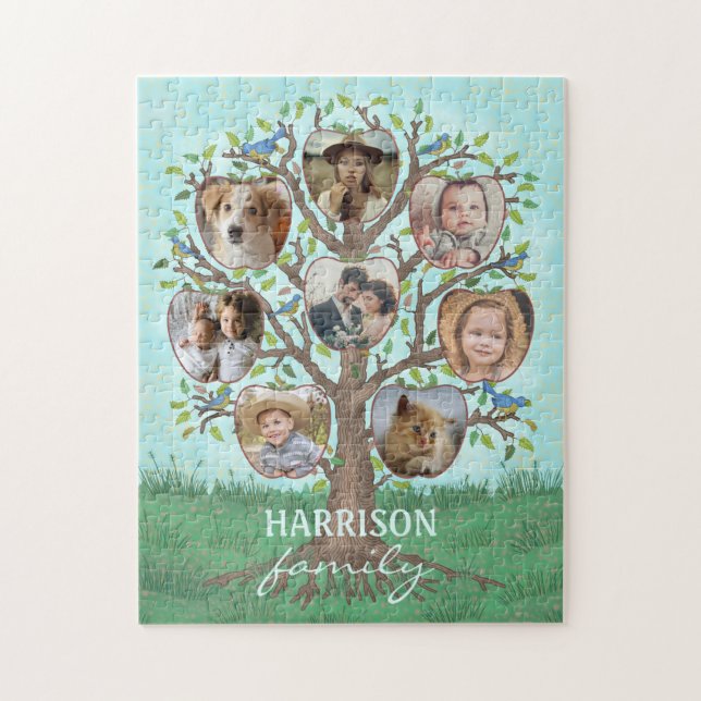 Family Photo Collage Tree 8 Pictures + Name Easy Jigsaw Puzzle (Vertical)