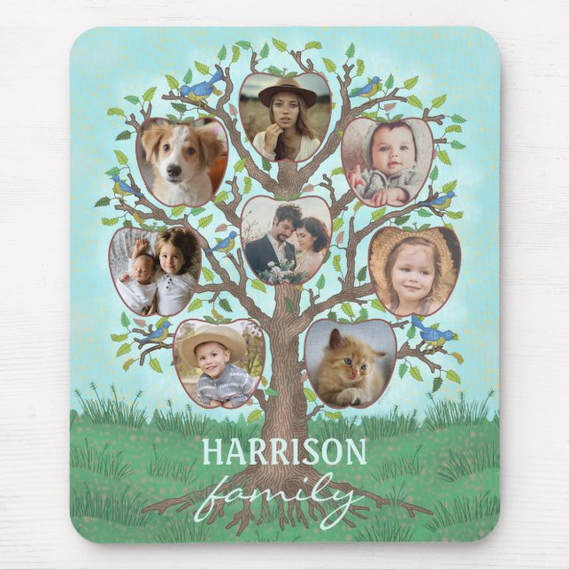 Family Photo Collage Tree 8 Pictures + Name Easy Mouse Mat (Front)