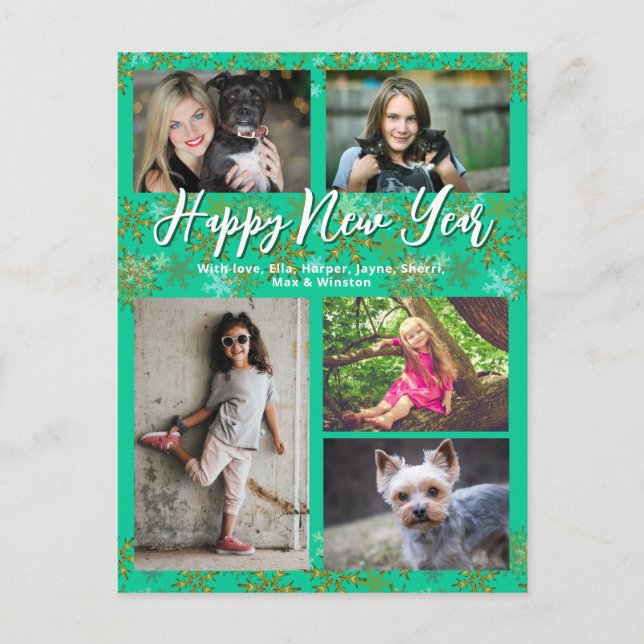 Family Photo Collage Turquoise New Years Greeting Holiday Postcard (Front)