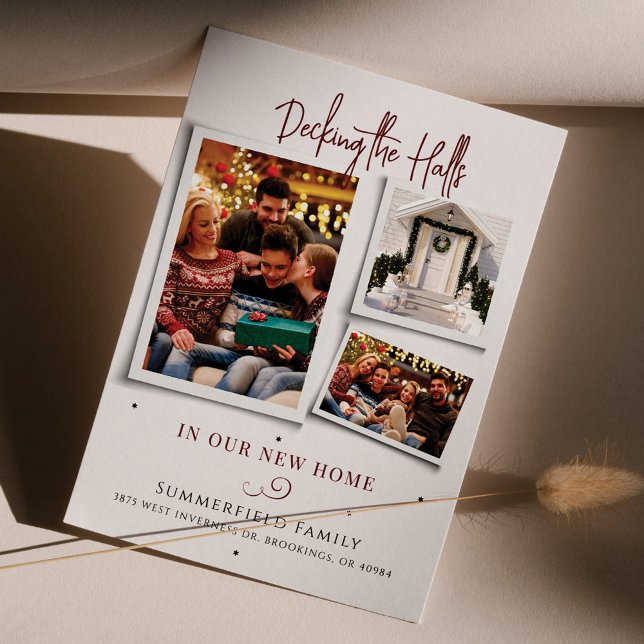 Family Photo Collage We've Moved Christmas Moving Holiday Card (Decking the Halls Family Photos Moving Announcement Card)