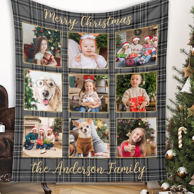 Family Photo Collage Winter Grey Patchwork Plaid Fleece Blanket (Creator Uploaded)