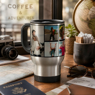Family Photo Collage with 6 Photos and Custom Text Travel Mug