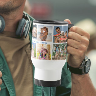 Family Photo Collage with 8 Photos and Custom Text Travel Mug
