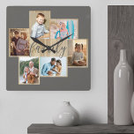 Family Photo Collage Wood Grain Border Warm Gray Square Wall Clock<br><div class="desc">Family photo collage with 6 of your favorite photos, calligraphy and light woodgrain look frame. The photo template is ready for you to add your photos, which are displayed in landscape and portrait formats. The background color and the word "family" are colored warm gray and you are welcome to edit...</div>