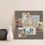 Family Photo Collage Wood Grain Frame Brown Faux Canvas Print<br><div class="desc">Family photo collage with 6 of your favourite photos, calligraphy and light woodgrain look frame. The photo template is ready for you to add your photos, which are displayed in landscape and portrait formats. The background colour and the word "family" are coloured brown and you are welcome to edit this...</div>