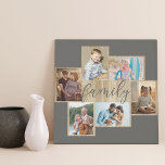 Family Photo Collage Wood Grain Frame Warm Grey Faux Canvas Print<br><div class="desc">Family photo collage with 6 of your favourite photos, calligraphy and light woodgrain look frame. The photo template is ready for you to add your photos, which are displayed in landscape and portrait formats. The background colour and the word "family" are coloured warm grey and you are welcome to edit...</div>