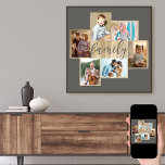 Family Photo Collage Wood Look Frame Warm Grey Poster<br><div class="desc">Family photo collage with 6 of your favourite photos, calligraphy and light woodgrain look frame. The photo template is ready for you to add your photos, which are displayed in landscape and portrait formats. The background colour and the word "family" are coloured warm grey and you are welcome to edit...</div>