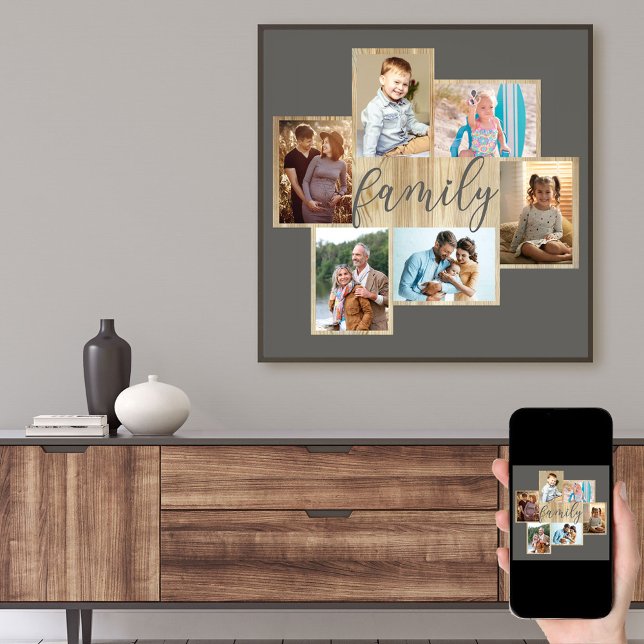 Family Photo Collage Wood Look Frame Warm Grey Poster (Creator Uploaded)
