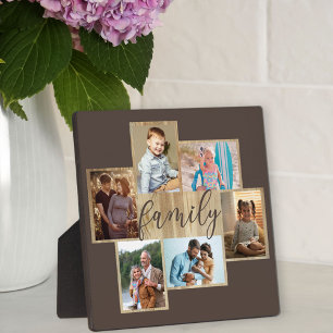 Family Photo Collage Woodgrain Border Brown Plaque