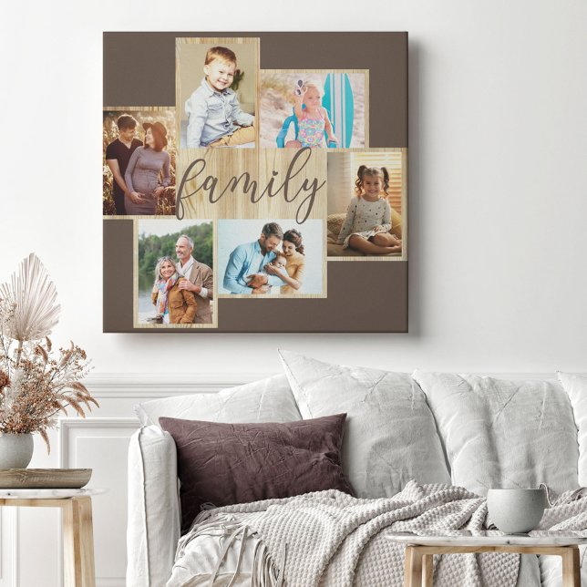 Family Photo Collage Woodgrain Frame Brown Canvas (Creator Uploaded)