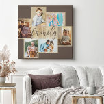 Family Photo Collage Woodgrain Frame Brown Canvas Print<br><div class="desc">Family photo collage with 6 of your favourite photos, calligraphy and light woodgrain look frame. The photo template is ready for you to add your photos, which are displayed in landscape and portrait formats. The background colour and the word "family" are coloured brown and you are welcome to edit this...</div>