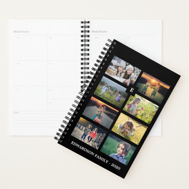 Family photo colllage 8 photos black personalised planner (Display)