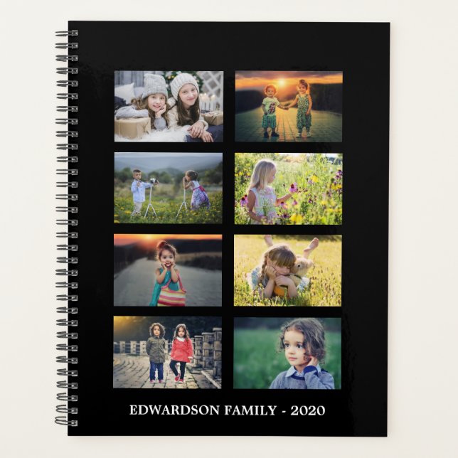 Family photo colllage 8 photos black personalised planner (Front)