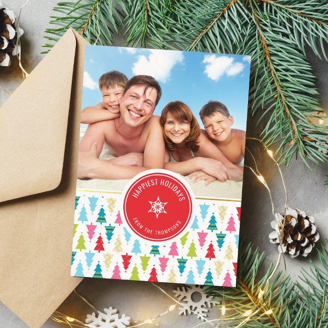 FAMILY PHOTO colourful christmas tree pattern fun Holiday Card (Creator Uploaded)