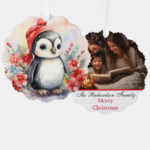 Family Photo Custom Name Cute Penguin Christmas Tree Decoration Card