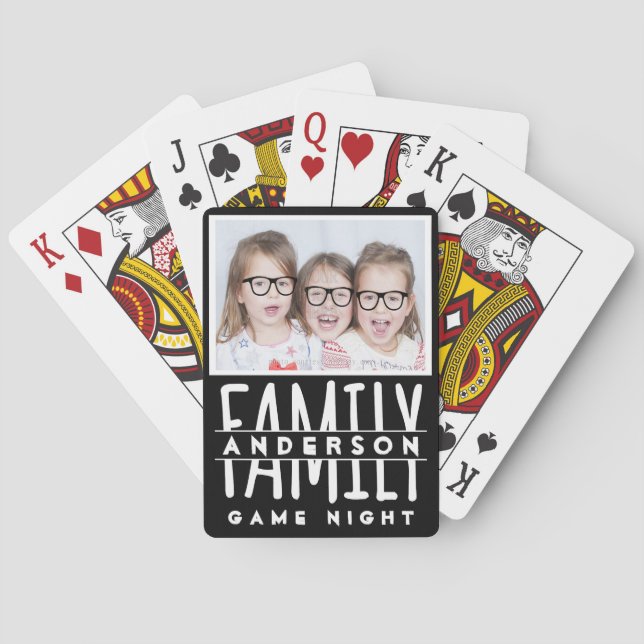 Family Photo | Custom Name Modern Black Game Night Playing Cards (Back)