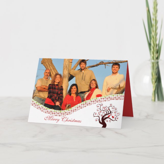 Family Photo Cute Birds Christmas Tree Holiday Card (Front)