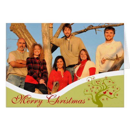 Family Photo Cute Birds Lime Christmas Tree Card