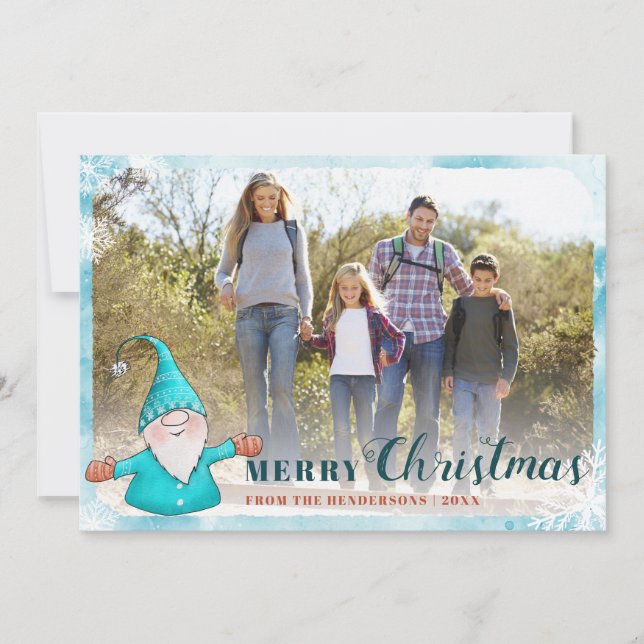 Family Photo Cute Gnome Teal Blue Christmas Holiday Card (Front)