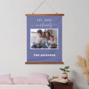 Family photo dark blue name script hanging tapestry
