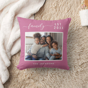 Family photo dark pink name script cushion