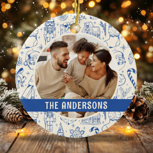 Family Photo Doodle Blue Christmas Ceramic Tree Decoration