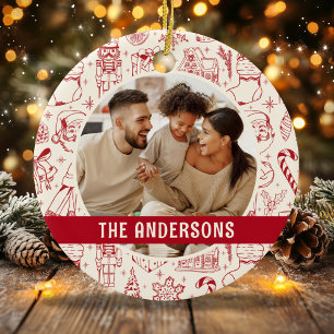 Family Photo Doodle Red Christmas Ceramic Tree Decoration