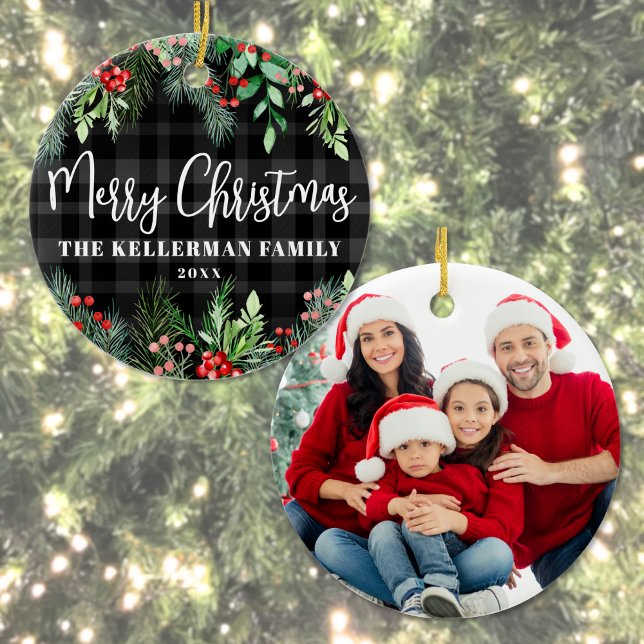 Family Photo Double Sided Christmas  Ceramic Tree Decoration (Greenery Plaid Merry Christmas Photo Ceramic Ornament)