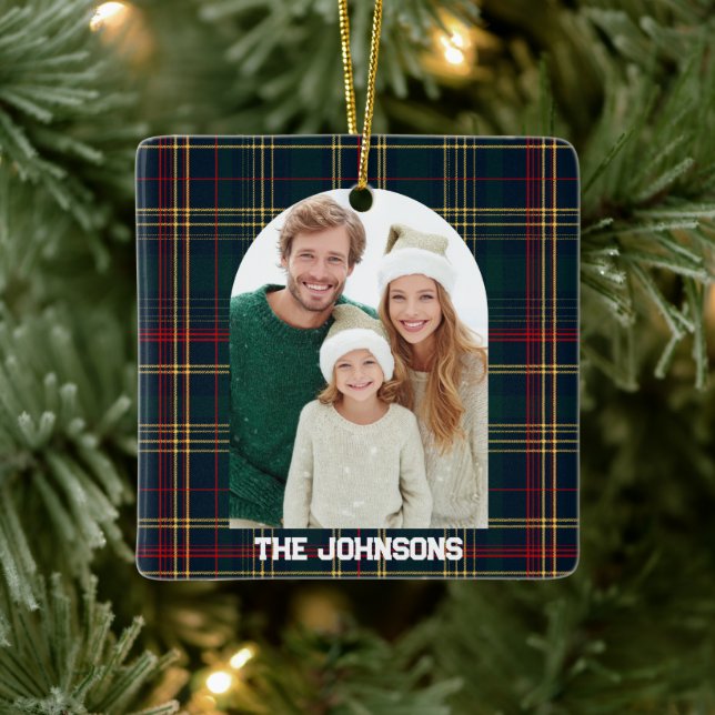 Family Photo Elegant Christmas Plaid Ornament (Tree)