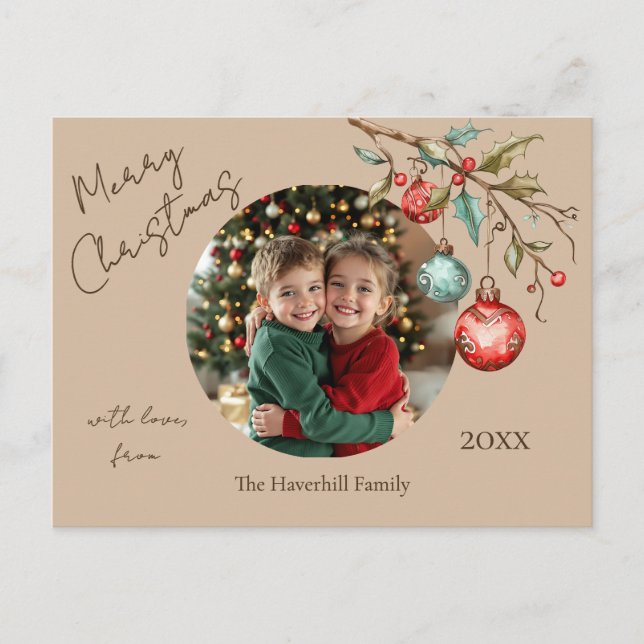 Family Photo Elegant Script Watercolor Christmas  Holiday Postcard (Front)