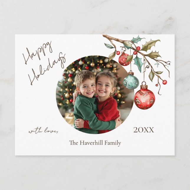 Family Photo Elegant Script Watercolor Happy Holiday Postcard (Front)