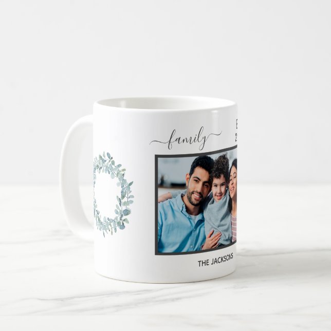 Family photo eucalyptus greenery white name coffee mug (Front Left)