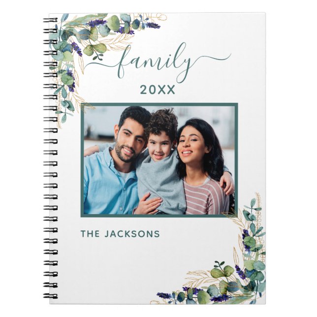 Family photo eucalyptus greenery white name notebook (Front)