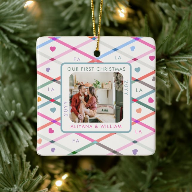 Family Photo First Christmas Fa La Pastel Pattern Ceramic Ornament (Tree)