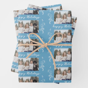 Family Photo Foliage Christmas Happy Holiday Blue Wrapping Paper Sheet