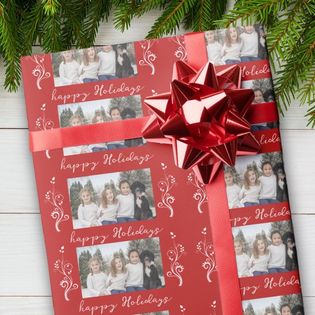 Family Photo Foliage Christmas Happy Holiday Red Wrapping Paper (Creator Uploaded)