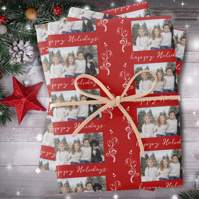 Family Photo Foliage Christmas Happy Holiday Red Wrapping Paper Sheet (Creator Uploaded)