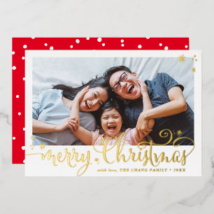 FAMILY PHOTO fun calligraphy Merry Christmas Foil Holiday Card