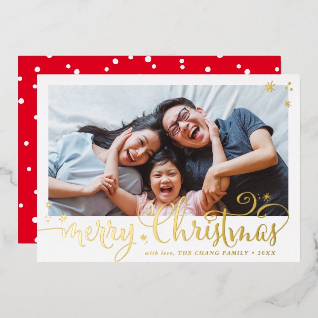 FAMILY PHOTO fun calligraphy Merry Christmas Foil Holiday Card (Front/Back)