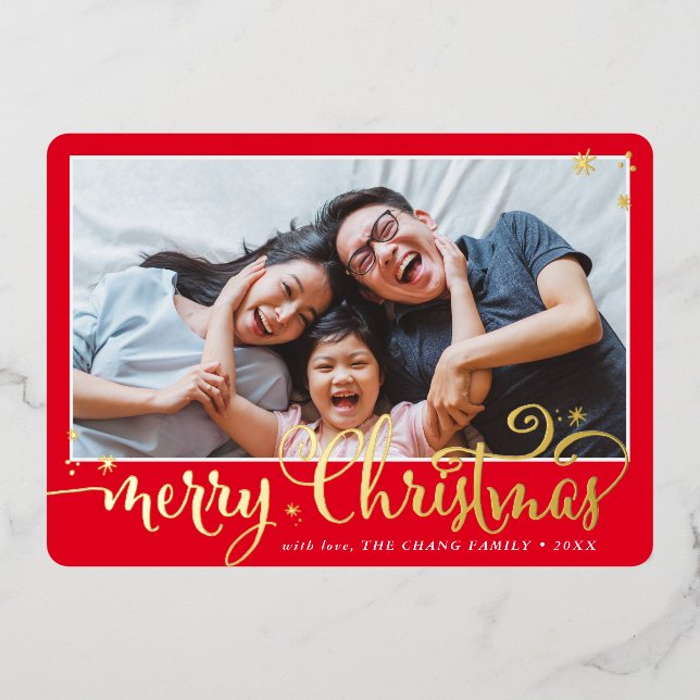 FAMILY PHOTO fun calligraphy Merry Christmas red Foil Holiday Card (Front)