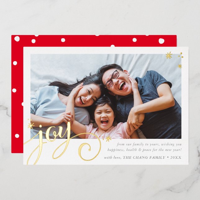 FAMILY PHOTO fun elegant calligraphy JOY gold Foil Holiday Card (Front/Back)