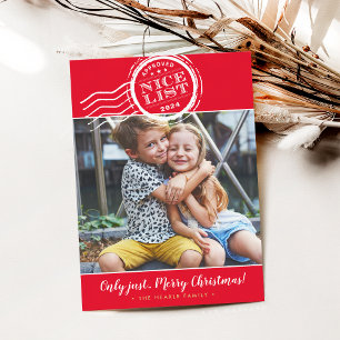 FAMILY PHOTO funny santa's nice list stamp red Holiday Card