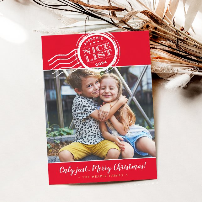 FAMILY PHOTO funny santa's nice list stamp red Holiday Card (Creator Uploaded)